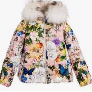 Roberto Cavalli Floral Fur Hood Girls Puffer Coat Sz 4